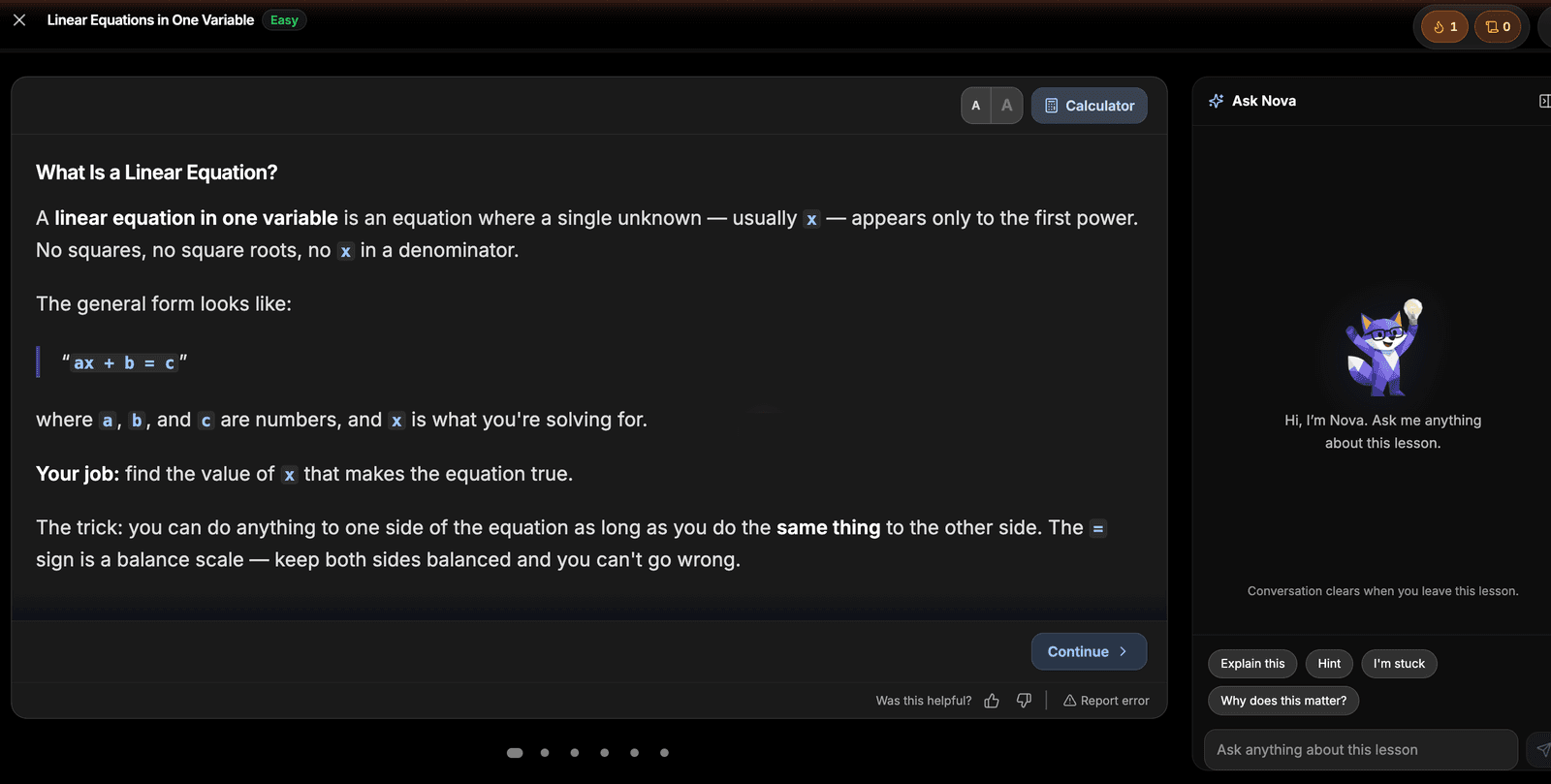 A guided Forge lesson titled What Is a Linear Equation, with step-by-step lesson content on the left and an Ask Nova AI tutor panel on the right offering Explain this, Hint, and I am stuck prompts