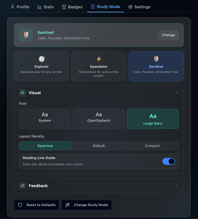 Study Mode settings with Explorer, Speedster, and Sentinel gear presets, plus Visual controls for font (System, OpenDyslexic, Large Sans), layout density, and a Reading Line Guide toggle
