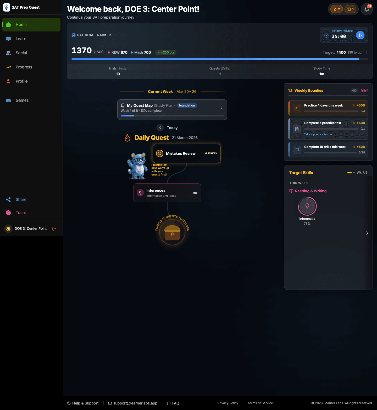 SAT Prep Quest student dashboard showing XP, streaks, and mastery levels