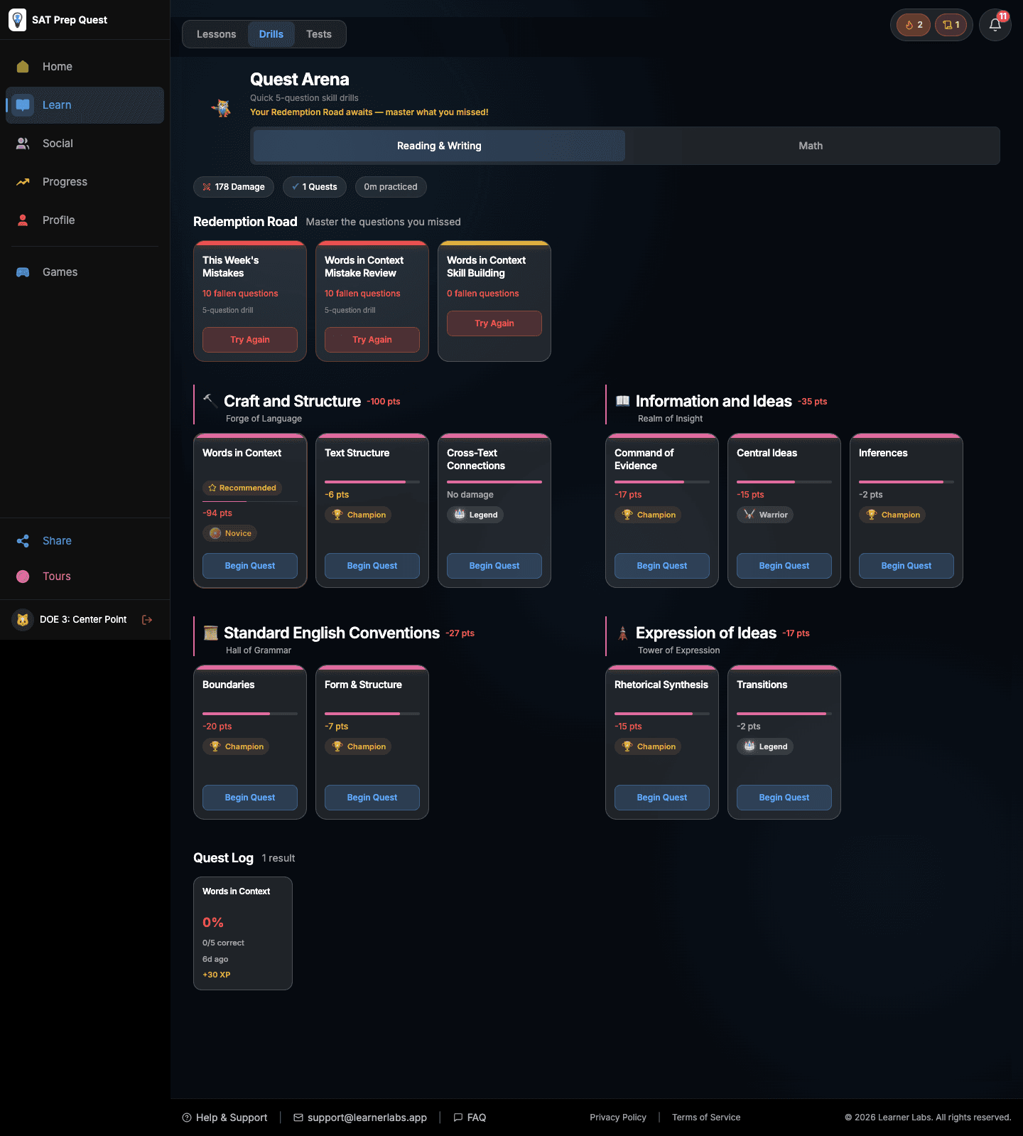 SAT Prep Quest drill hub showing adaptive skill drills with XP rewards